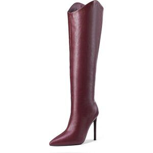 Women’s Knee High Boots, Pointed Toe, 4” Stiletto Heel, Wide Calf Slip-on Bootie